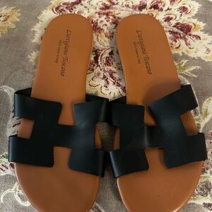 Black Leather Slide Sandals handmade in Italy Hermes style